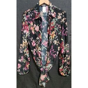 Carmen‎ Marc Valvo Long Tie Wrap Up Top Sz Lrg Floral Black Swim Cover Up Beach